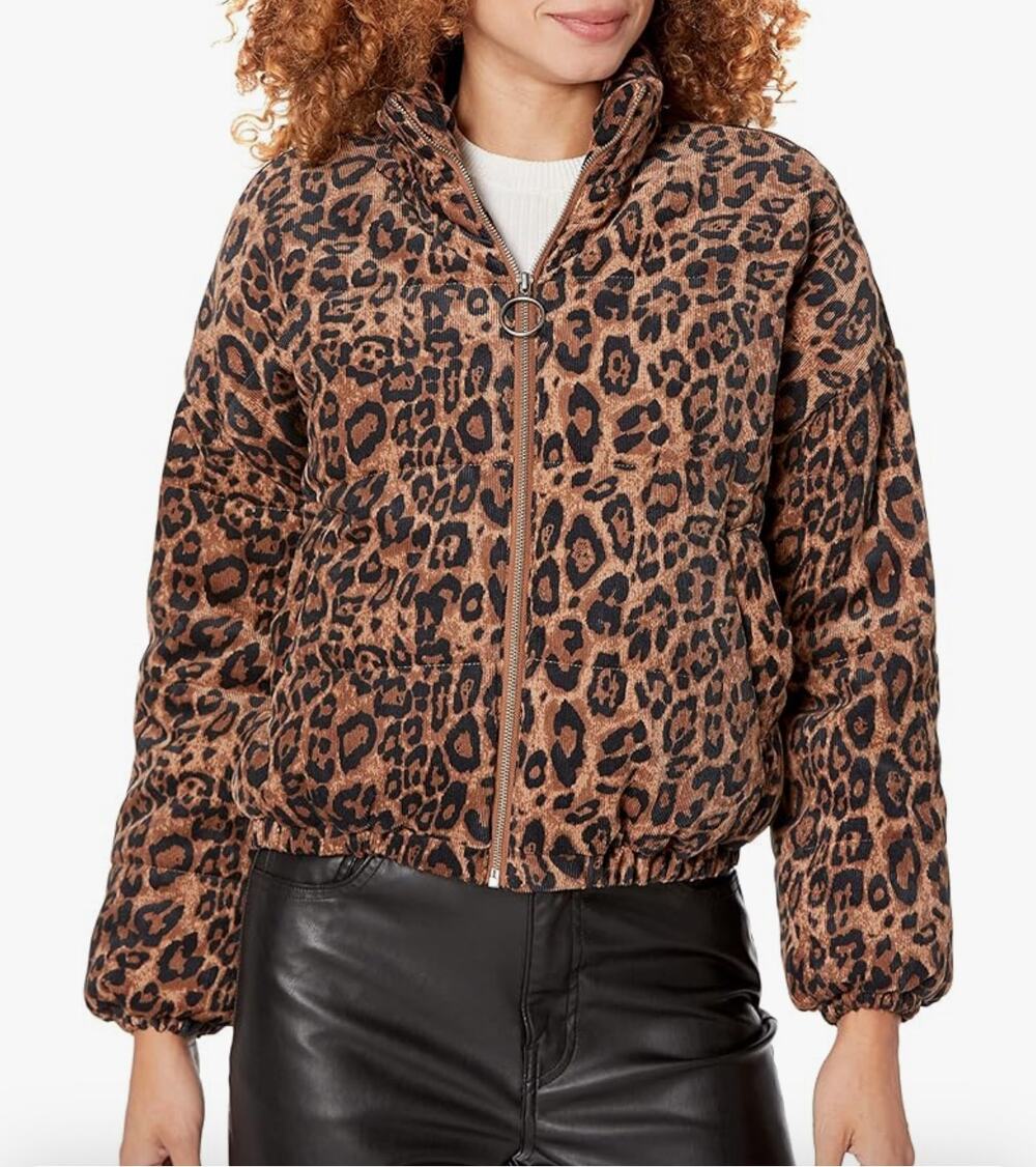 RTR Rent the Runway Corduroy Cropped Puffer Jacket Animal Print Leopard S